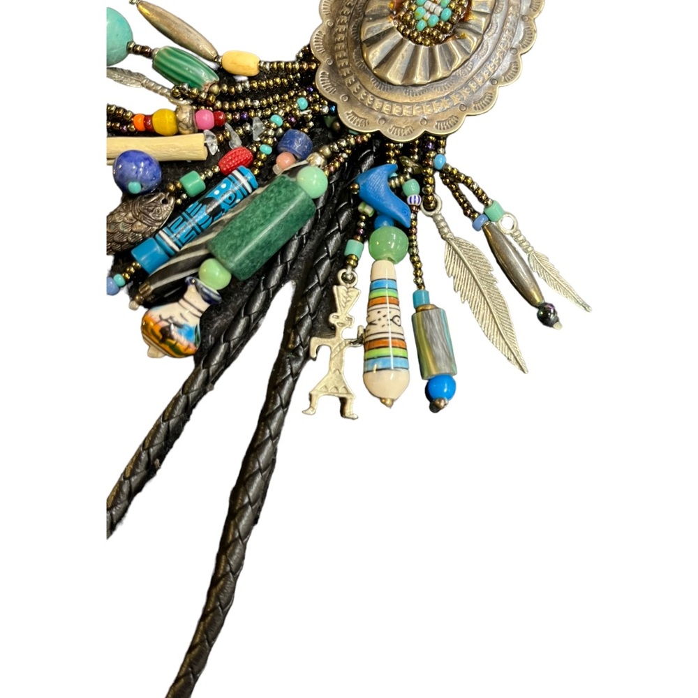 Vintage Leather Bolo Tie Southwestern Beads Gemstone Beads Multi-strand - Picture 4 of 16